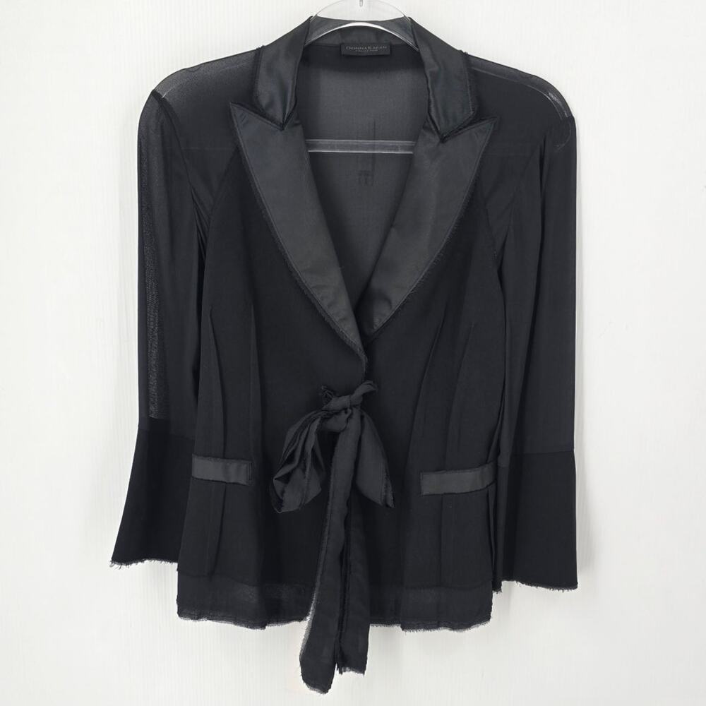Donna Karan Collection 90s Black Crepe Sheer Silk Tie Front Evening Blazer 4